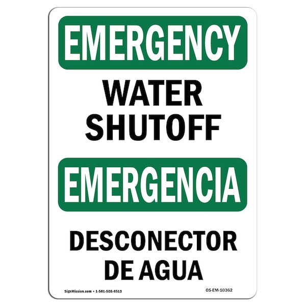 Safety Sign, OSHA EMERGENCY, 7" Height, Aluminum, Water Shutoff Bilingual, Landscape
